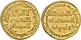ISLAMIC, Umayyad Caliphate. temp. Ibrahim ibn al-Walid, AH 126-127 / AD 744. Dinar (Gold, 19 mm, 4.26 g, 5 h), without mint, AH 127 = AD 744/5. In inn...