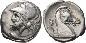 Anonymous, circa 310-300 BC. Didrachm (Silver, 21 mm, 7.16 g, 12 h), Neapolis (?). Bearded head of Mars to left, wearing crested Corinthian helmet; to...