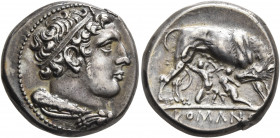 Anonymous, circa 265 BC. Didrachm (Silver, 20 mm, 7.22 g, 6 h), Rome. Head of youthful Hercules to right, wearing taenia, lion skin tied around neck a...