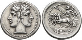 Anonymous, circa 225-214 BC. Drachm (Silver, 18 mm, 3.34 g, 5 h), Rome. Laureate Janiform head of Janus. Rev. ROMA Jupiter, holding scepter in his rig...