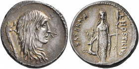 L. Hostilius Saserna, 48 BC. Denarius (Silver, 19 mm, 4.07 g, 9 h), Rome. Bare head of Gallia to right, wearing long hair; to left, carnyx (Gallic tru...