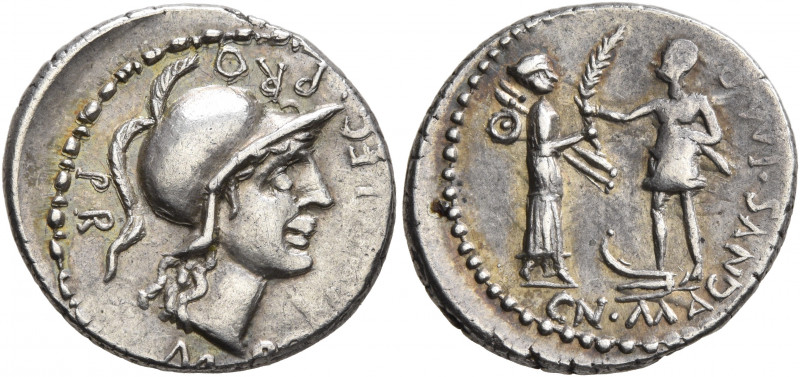Cnaeus Pompey Jr, † 45 BC. Denarius (Silver, 19 mm, 3.63 g, 6 h), with Marcus Po...
