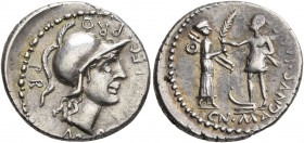 Cnaeus Pompey Jr, † 45 BC. Denarius (Silver, 19 mm, 3.63 g, 6 h), with Marcus Poblicius, legatus pro praetore, Corduba, 46-45. M•POBLICI•LEG•PRO - PR ...