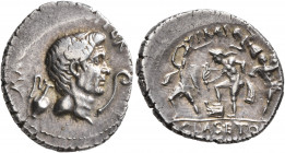 Sextus Pompey, † 35 BC. Denarius (Silver, 21 mm, 3.74 g, 2 h), military mint in Sicily, 37-36. MA[G PIVS IMP] ITER Bare head of Cn. Pompeius Magnus to...