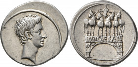 Octavian, 44-27 BC. Denarius (Silver, 20 mm, 3.89 g, 6 h), uncertain Italian mint (Rome?), autumn 30-summer 29. Bare head of Octavian to right. Rev. O...