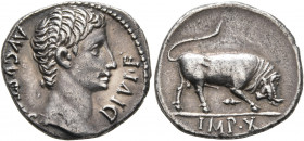 Augustus, 27 BC-AD 14. Denarius (Silver, 19 mm, 3.73 g, 6 h), Lugdunum, circa 15-13 BC. AVGVSTVS DIVI•F Bare head of Augustus to right. Rev. IMP•X Bul...