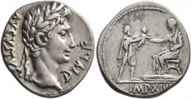 Augustus, 27 BC-AD 14. Denarius (Silver, 19 mm, 3.75 g, 6 h), Lugdunum, 8 BC. AVGVSTVS DIVI•F Laureate head of Augustus to right. Rev. IMP•XIIII Augus...