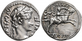 Augustus, 27 BC-AD 14. Denarius (Silver, 18 mm, 3.85 g, 6 h), Lugdunum, 8-7 BC. AVGVSTVS DIVI•F Laureate head of Augustus to right. Rev. C•CAES / AVGV...
