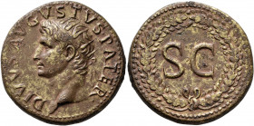 Divus Augustus, died AD 14. Dupondius (Orichalcum, 29 mm, 14.67 g, 12 h), Rome, struck under Tiberius, circa 22/3-26. DIVVS AVGVSTVS PATER Radiate hea...