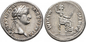 Tiberius, 14-37. Denarius (Silver, 19 mm, 3.76 g, 1 h), Lugdunum, 18-35. TI CAESAR DIVI AVG F AVGVSTVS Laureate head of Tiberius to right. Rev. PONTIF...