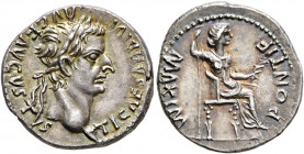 Tiberius, 14-37. Denarius (Silver, 19 mm, 3.82 g, 4 h), Lugdunum, 36-37. TI CAESAR DIVI AVG F AVGVSTVS Laureate head of Tiberius to right. Rev. PONTIF...