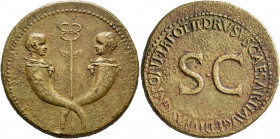 Drusus, Caesar, 19-23. Sestertius (Orichalcum, 35 mm, 27.41 g, 12 h), Rome, struck under Tiberius, 22-23. Crossed cornucopiae, each filled with grapes...
