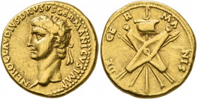 Nero Claudius Drusus, died 9 BC. Aureus (Gold, 19 mm, 7.61 g, 4 h), Lugdunum, struck under Claudius, circa 41-42. NERO CLAVDIVS DRVSVS GERMANICVS IMP ...