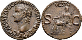 Gaius (Caligula), 37-41. As (Copper, 27 mm, 10.13 g, 7 h), Rome, 37-38. C•CAESAR•AVG•GERMANICVS•PON•M•TR•POT• Bare head of Gaius to left. Rev. VESTA /...