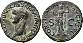 Claudius, 41-54. As (Copper, 19 mm, 10.86 g, 4 h), Rome, 42-43. TI•CLAVDIVS•CAESAR•AVG•P•M•TR•P•IMP•P•P• Bare head of Claudius to left. Rev. CONSTANTI...