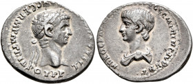 Claudius, with Nero Caesar, 41-54. Denarius (Silver, 20 mm, 3.41 g, 4 h), Lugdunum, 51. TI CLAVD [CAESAR] AVG GERM P M TRIB POT P P Laureate head of C...