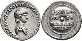 Nero, as Caesar, 50-54. Denarius (Silver, 18 mm, 3.48 g, 7 h), Lugdunum, 51. NERONI CLAVDIO DRVSO GERM COS DESIGN Bare-headed and draped bust of Nero ...