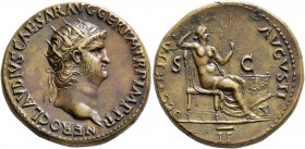 Nero, 54-68. Dupondius (Orichalcum, 28 mm, 16.00 g, 6 h), Rome, circa 64. NERO CLAVDIVS CAESAR AVG GER P M TR P IMP P P Radiate head of Nero to right....