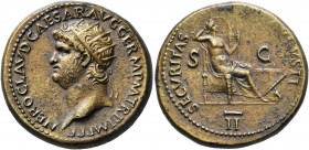 Nero, 54-68. Dupondius (Orichalcum, 28 mm, 15.81 g, 6 h), Rome, circa 64. NERO CLAVD•CAESAR•AVG GERM P M TR P IMP P P Radiate head of Nero to left. Re...
