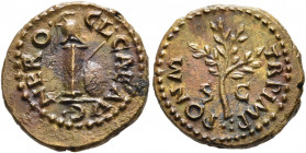 Nero, 54-68. Quadrans (Orichalcum, 15 mm, 1.83 g, 7 h), Rome, circa 64. NERO CL CAE AVG GER Crested Corinthian helmet set to right on column; behind, ...