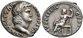 Nero, 54-68. Denarius (Silver, 17 mm, 3.57 g, 6 h), Rome, circa 64-65. NERO CAESAR AVGVSTVS Laureate head of Nero to right. Rev. IVPPITER CVST[OS] Jup...