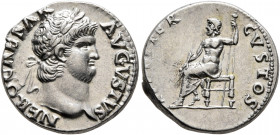 Nero, 54-68. Denarius (Silver, 18 mm, 3.54 g, 6 h), Rome, circa 64-65. NERO CAESAR AVGVSTVS Laureate head of Nero to right. Rev. IVPPITER CVSTOS Jupit...
