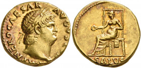 Nero, 54-68. Aureus (Gold, 18 mm, 7.26 g, 5 h), Rome, circa 66-67. IMP NERO CAESAR AVGVSTVS Laureate head of Nero to right. Rev. SALVS Salus seated le...
