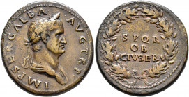 Galba, 68-69. Sestertius (Orichalcum, 36 mm, 26.61 g, 7 h), Rome, 2nd half of June 68-January 69. IMP•SER•GALBA• •AVG•TR P• Draped bust of Galba to ri...