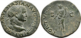 Vespasian, 69-79. Dupondius (Orichalcum, 27 mm, 10.54 g, 6 h), Lugdunum, 72. IMP CAESAR VESPASIAN AVG COS IIII Radiate head of Vespasian to right, sma...