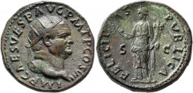 Vespasian, 69-79. Dupondius (Orichalcum, 27 mm, 14.55 g, 5 h), Rome, 76. IMP CAES VESP AVG P M TR P COS VII Radiate head of Vespasian to right. Rev. F...