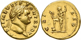 Titus, as Caesar, 69-79. Aureus (Gold, 18 mm, 7.26 g, 7 h), Rome, 72-73. [T] CAES IMP VESP PON TR POT Laureate head of Titus to right. Rev. NEP RED Ne...