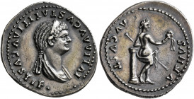 Julia Titi, Augusta, 79-90/1. Denarius (Silver, 22 mm, 3.57 g, 6 h), Rome, struck under Titus, 80-81. IVLIA AVGVSTA TITI AVGVSTI F• Diademed and drape...