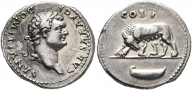 Domitian, as Caesar, 69-81. Denarius (Silver, 19 mm, 3.00 g, 6 h), Rome, 77-78. CAESAR AVG F DOMITIANVS Laureate head of Domitian to right. Rev. COS V...