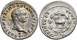 Domitian, as Caesar, 69-81. Denarius (Silver, 20 mm, 3.40 g, 6 h), Rome, 80-81. CAESAR DIVI F DOMITIANVS COS VII• Laureate head of Domitian to right. ...