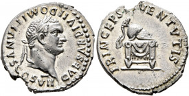Domitian, as Caesar, 69-81. Denarius (Silver, 18 mm, 3.35 g, 6 h), Rome, 80-81. CAESAR DIVI F DOMITIANVS COS VII Laureate head of Domitian to right. R...
