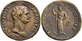 Domitian, 81-96. Sestertius (Orichalcum, 32 mm, 25.95 g, 7 h), Rome, 13 September-31 December 81. IMP CAES DIVI VESP F DOMITIAN AVG P M Laureate head ...