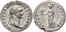 Domitian, 81-96. Denarius (Silver, 18 mm, 3.35 g, 6 h), Rome, 82. IMP CAES DOMITIANVS AVG P M Laureate head of Domitian to right. Rev. TR POT COS VIII...