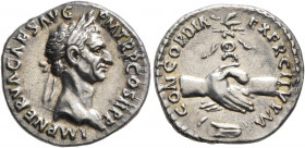 Nerva, 96-98. Denarius (Silver, 18 mm, 3.41 g, 7 h), Rome, 96. IMP NERVA CAES AVG P M TR P COS II P P Laureate head of Nerva to right. Rev. CONCORDIA ...