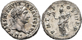 Trajan, 98-117. Denarius (Silver, 20 mm, 3.14 g, 6 h), Rome, 100. IMP CAES NERVA TRAIAN AVG GERM Laureate head of Trajan to right. Rev. P•M•TR•P•COS•I...