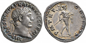 Trajan, 98-117. Denarius (Silver, 18 mm, 3.20 g, 6 h), Rome, 101-102. IMP CAES NERVA TRAIAN AVG GERM Laureate head of Trajan to right, with slight dra...