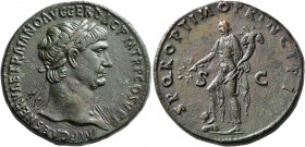 Trajan, 98-117. Sestertius (Orichalcum, 33 mm, 26.88 g, 6 h), Rome, 103-107. IMP CAES NERVAE TRAIANO AVG GER DAC P M TR P COS V P P Laureate head of T...