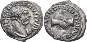 Carausius, Romano-British Emperor, 286-293. Denarius (Silver, 19 mm, 4.07 g, 6 h), Londinium (?), circa 287-289. IMP CARAVSIVS P F AVG Laureate, drape...