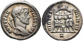 Constantius I, as Caesar, 293-305. Argenteus (Silver, 18 mm, 3.00 g, 11 h), Rome, circa 295-296. CONSTAN-TIVS CAES Laureate head of Constantius I to r...