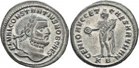 Constantius I, as Caesar, 293-305. Follis (Silvered bronze, 28 mm, 10.36 g, 12 h), Cyzicus, circa 297-299. FL VAL CONSTANTIVS NOB CAES Laureate head o...