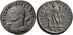 Constantius I, as Caesar, 293-305. Follis (Bronze, 27 mm, 8.65 g, 1 h), Lugdunum, circa 301-303. CONSTANTIVS NOB CAES Laureate and draped bust of Cons...