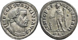 Constantius I, 305-306. Follis (Silvered bronze, 28 mm, 10.29 g, 12 h), Lugdunum. IMP CONSTANTIVS AVG Laureate and cuirassed bust of Constantius I to ...