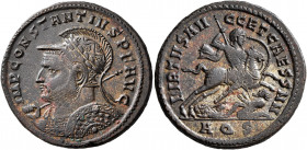 Constantius I, 305-306. Follis (Silvered bronze, 29 mm, 10.05 g, 12 h), Aquileia. IMP CONSTANTIVS P F AVG Laureate, helmeted, and cuirassed bust of Co...
