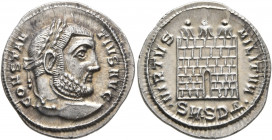 Constantius I, 305-306. Argenteus (Silver, 20 mm, 3.36 g, 1 h), Serdica. CONSTAN-TIVS AVG Laureate head of Constantius I to right. Rev. VIRTVS MILITVM...