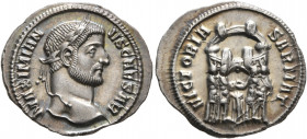Galerius, as Caesar, 293-305. Argenteus (Silver, 20 mm, 2.55 g, 11 h), Ticinum, circa 294-295. MAXIMIA-NVS CAESAR Laureate head of Galerius to right. ...