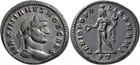 Galerius, as Caesar, 293-305. Follis (Bronze, 27 mm, 9.32 g, 6 h), Ticinum, circa 295-296. MAXIMIANVS NOB CAES Laureate head of Galerius to right. Rev...